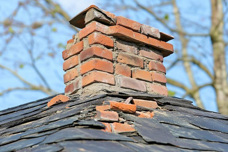 Deteriorating brick chimney shedding onto a slate roof