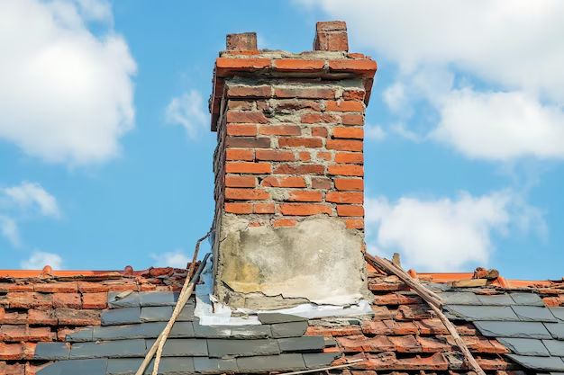 Weathered chimney with failing mortar and a cracked base