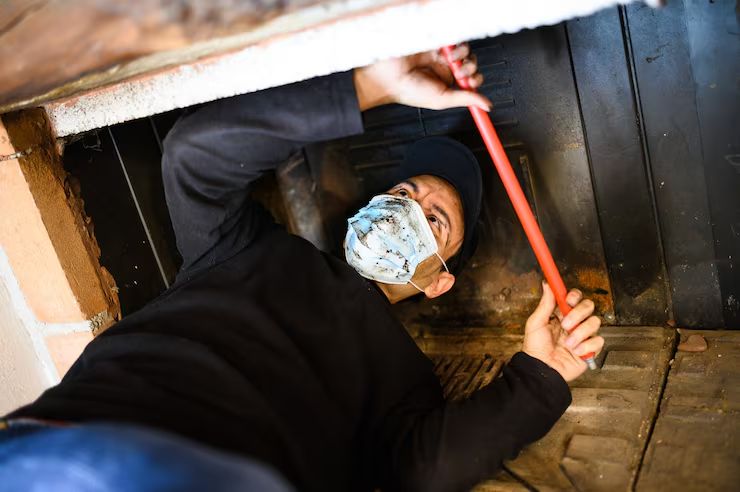 Technician working a cleaning rod up through a fireplace damper in Pasadena