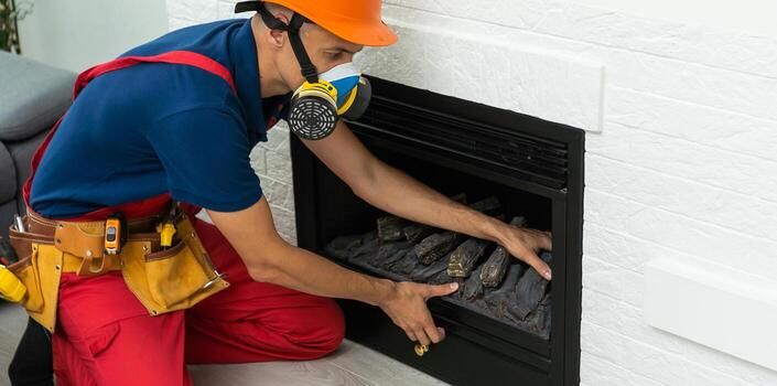 Technician in respirator servicing a gas fireplace insert
