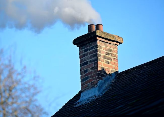 Brick chimney drafting smoke into a clear Pasadena sky