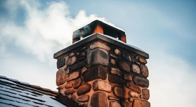 Stone chimney venting smoke cleanly through a new liner